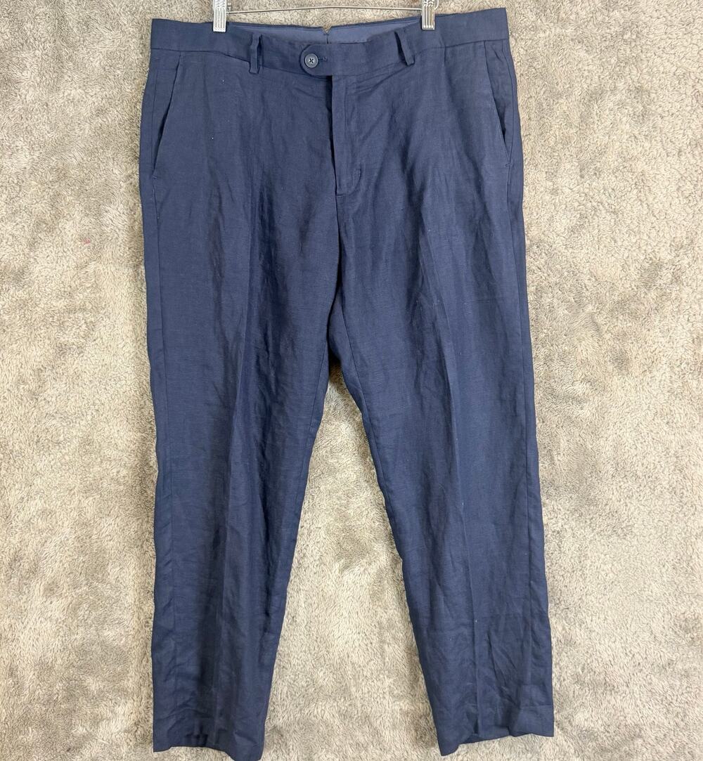 Emidio Tucci Navy Blue Linen Dress Pants Trousers 48 EU 38 US Classic Flat Front